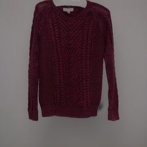 Lands End Canvas Burgundy Sweater Cable Knit S  Pullover 100% Cotton Ribbed Cuff